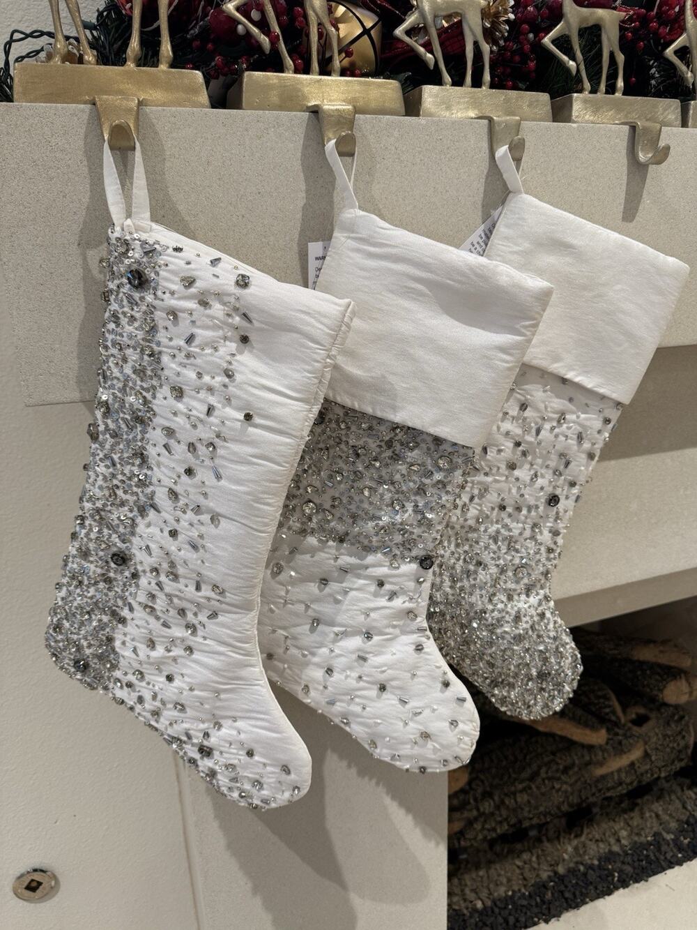 NEIMAN MARCUS Scattered Crystal Embellished Satin Stocking White Silver NEW $165